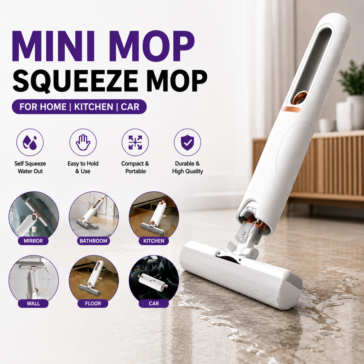 Zovora Mini Squeeze Mop  Portable Self-Cleaning Mop for Home, Kitchen & Car